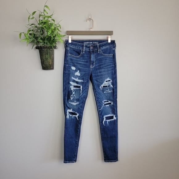 AE 6 Jegging Mid Rise Dark Wash Skinny Distressed Patch Jeans American Eagle - Picture 1 of 16